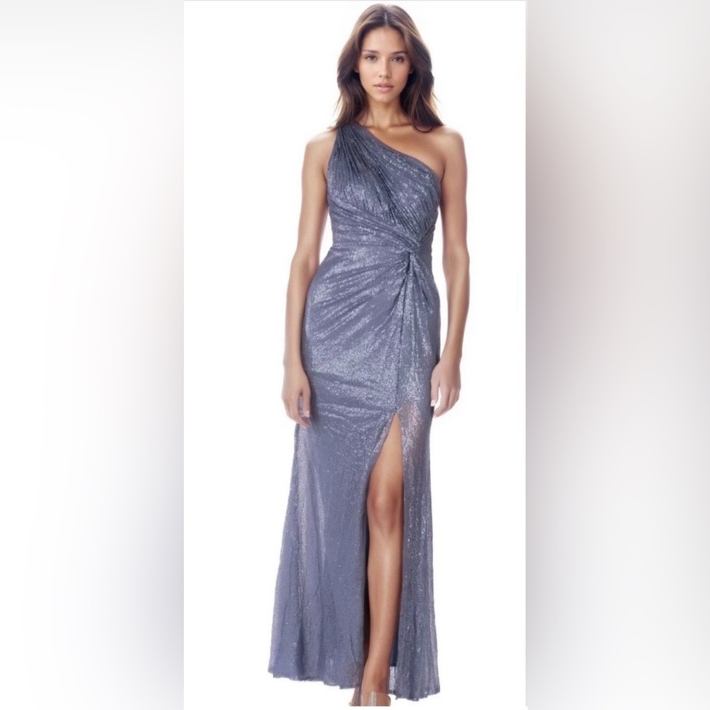 Rene Ruiz One Shoulder Metallic Gown